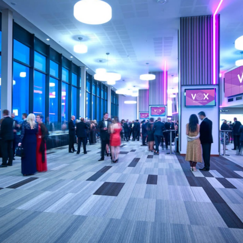 A wide shot showing the foyer for the event venue with people